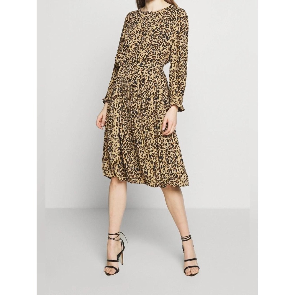 J.Crew Leopard Print Pleated Midi Dress Long Sleeve Ruffle Cuff Brown Tan 8
